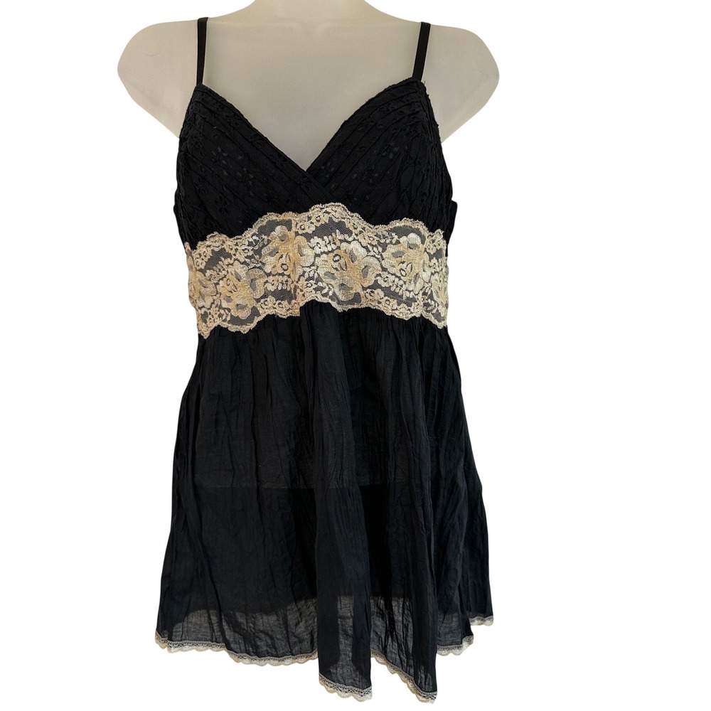 Y2K Black Eyelet Lace Babydoll Camisole Top Size 2 Boho‎ Coquette Lingerie Goth